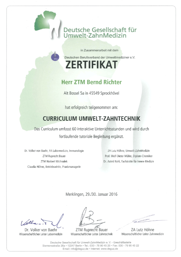 Zertifikat der deutschen Gesellschaft für Umwelt-ZahnMedizin